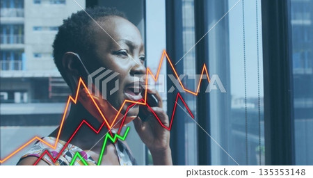Speaking businesswoman holding smartphone at ear by office window, displaying colorful line graphs Speaking businesswoman holding smartphone at ear by office window, displaying colorful line graphs 135353148