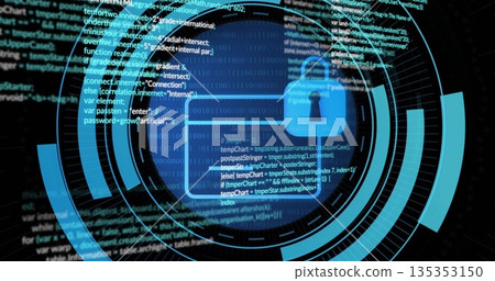 Glowing blue padlock icon floating in HUD circles on digital interface, with code and binary digits 135353150