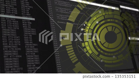 Displaying yellow-green circular HUD graphic rotating on desktop, with code window, copy space Displaying yellow-green circular HUD graphic rotating on desktop, with code window, copy space 135353151