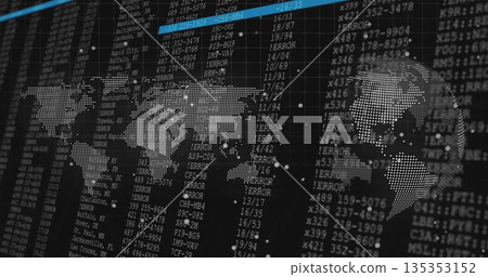 Presenting dotted world map overlay with thin blue line on command center screen, with data columns Presenting dotted world map overlay with thin blue line on command center screen, with data columns 135353152