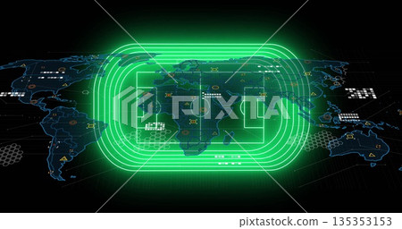 Displaying abstract world map and neon green soccer pitch overlay on dashboard, with data icons Displaying abstract world map and neon green soccer pitch overlay on dashboard, with data icons 135353153