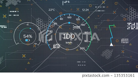 Displaying speedometer at 100 km or h on panel with metrics, navigation route, network patterns 135353161