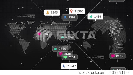 Showing stylized dotted world map infographic on dark tech dashboard, with social engagement badges 135353164