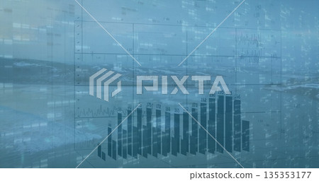 Projecting 3D bar chart floating over rocky shore, with grid lines and numeric code patterns 135353177