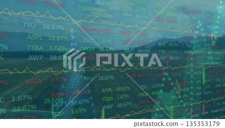 Combine harvester operating in crop field with hills, with stock tickers, percentages and graphs Combine harvester operating in crop field with hills, with stock tickers, percentages and graphs 135353179