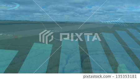 Showing line graph, bar chart with numeric labels and upward arrow over crop field under clouds Showing line graph, bar chart with numeric labels and upward arrow over crop field under clouds 135353181