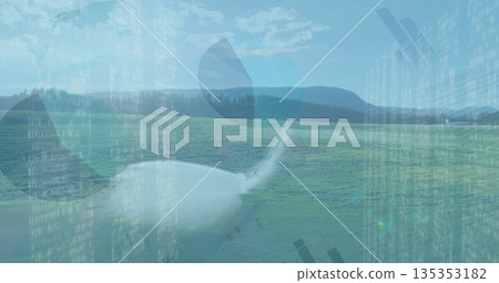 Showing white spinner and blade sitting on grass runway at airstrip, with digital code overlay Showing white spinner and blade sitting on grass runway at airstrip, with digital code overlay 135353182