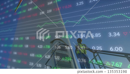 Ascending worker wearing safety vest and helmet on ladder at airport apron, with stock market data Ascending worker wearing safety vest and helmet on ladder at airport apron, with stock market data 135353198