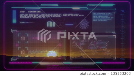 Scanning half-visible yellow sun on horizon at sunset with neon HUD crosshairs and progress bars Scanning half-visible yellow sun on horizon at sunset with neon HUD crosshairs and progress bars 135353203