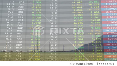 Showing wind turbines standing on rural farmland, with overlaid colored data codes and smokestacks Showing wind turbines standing on rural farmland, with overlaid colored data codes and smokestacks 135353204