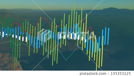 Hovering data overlay showing vertical bars and line graphs above desert canyon at dusk, analytics Hovering data overlay showing vertical bars and line graphs above desert canyon at dusk, analytics 135353225