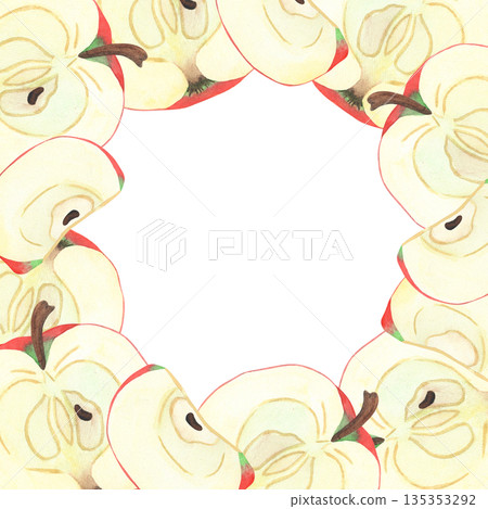 Hand-drawn watercolor illustration of an apple, slice, and halves, framed with fruit. Realistic ripe seasonal fruits. Hand-drawn watercolor illustration of an apple, slice, and halves, framed with fruit. Realistic ripe seasonal fruits. 135353292