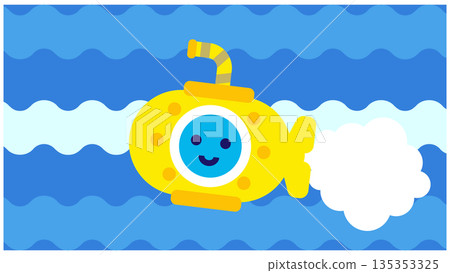 一幅可愛的黃色潛水艇在海中航行的插圖 135353325