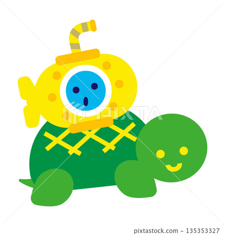 Cute fantasy character illustration of a submarine riding on a turtle 135353327
