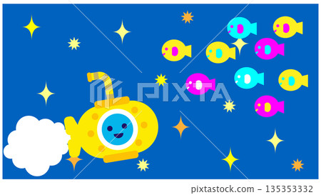 一幅可愛的奇幻插畫，描繪了一艘潛水艇在夜海中航行，周圍環繞著五彩繽紛的魚群。 135353332
