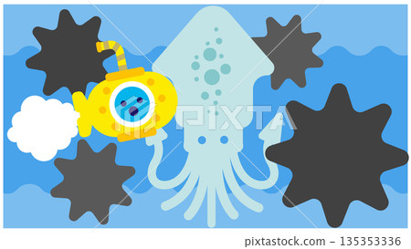 A cute fantasy illustration of a seascape with a submarine and squid A cute fantasy illustration of a seascape with a submarine and squid 135353336