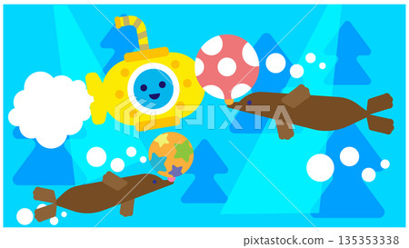 可愛的海洋奇幻插畫,包含球、魚和潛水艇。 可愛的海洋奇幻插畫,包含球、魚和潛水艇。 135353338