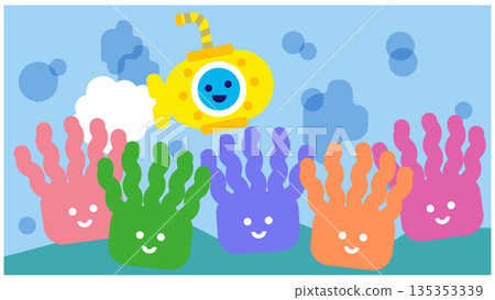 Cute ocean illustration of a submarine sailing over a sea anemone Cute ocean illustration of a submarine sailing over a sea anemone 135353339