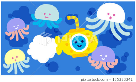 可愛的海洋奇幻插畫，描繪了一艘被水母包圍的潛水艇。 135353341