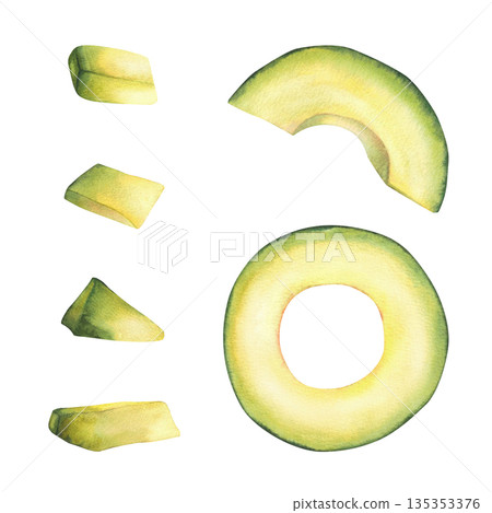 Avocado set of cut fruit, circles and pieces. Rounds, half rounds, and slices of chopped avocado. Hand drawn watercolor illustration isolated from background. Green vegetables for menu, food, recipe. Avocado set of cut fruit, circles and pieces. Rounds, half rounds, and slices of chopped avocado. Hand drawn watercolor illustration isolated from background. Green vegetables for menu, food, recipe. 135353376