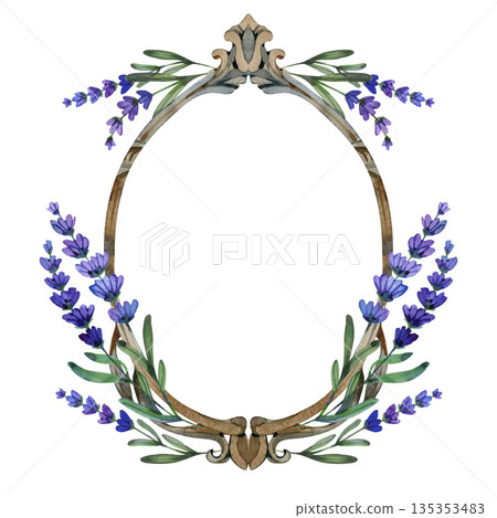 Elegant watercolor illustration of a vintage oval wooden frame decorated with delicate purple lavender sprigs. This hand-painted botanical border features a rustic, baroque-style design, perfect for Elegant watercolor illustration of a vintage oval wooden frame decorated with delicate purple lavender sprigs. This hand-painted botanical border features a rustic, baroque-style design, perfect for 135353483