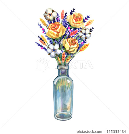Watercolor botanical arrangement of yellow roses, lavender, and cotton flowers in a simple glass bottle. Hand-painted rustic floral centerpiece for farmhouse decor and spring stationery. Watercolor botanical arrangement of yellow roses, lavender, and cotton flowers in a simple glass bottle. Hand-painted rustic floral centerpiece for farmhouse decor and spring stationery. 135353484