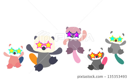 可愛的海獺角色插畫，它們戴著星形太陽眼鏡 135353493