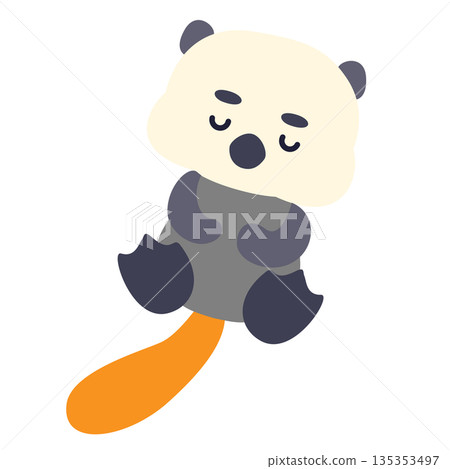 可愛的海獺插畫，它閉著眼睛漂浮在水面上。 135353497