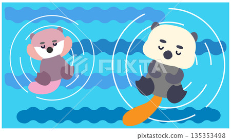 一幅可愛的橫版插畫，描繪了一隻海獺在水面上旋轉的場景。 135353498