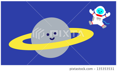一幅可愛的奇幻插畫，描繪了一顆帶環行星和一位宇航員。 135353531