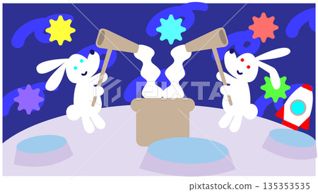 A cute space fantasy illustration of rabbits making mochi on the moon A cute space fantasy illustration of rabbits making mochi on the moon 135353535