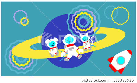 一幅可愛的奇幻插畫，描繪了太空人在環狀行星上玩耍的場景。 135353539