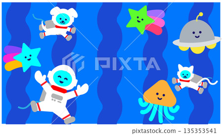 一幅描繪太空人和他們的太空朋友的可愛奇幻插畫 135353541