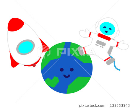 Cute illustration of a rocket and astronaut flying around the Earth 135353543