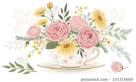 Whimsical floral mix blooming from a teacup bright pastel colors 135353609