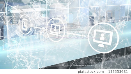 Highlighting glowing laptop icon linking network mesh in office graphic, with device symbols 135353681