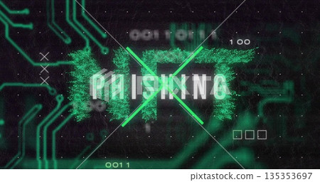 Displaying PHISHING text glitching on dark interface, with neon green X lines and circuit traces 135353697