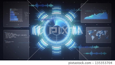 Showing central holographic display rotating in digital interface, with data panels and grid Showing central holographic display rotating in digital interface, with data panels and grid 135353704