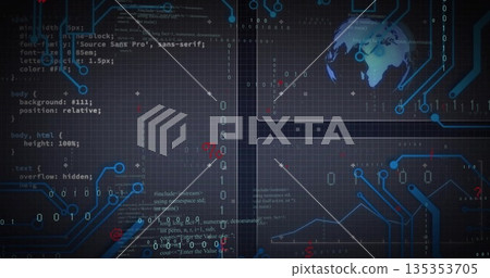 Streaming code and binary digits across central UI panel on software dashboard, with circuit traces 135353705
