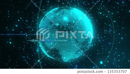 Holographic Earth spinning in virtual display, with glowing points, network lines and particles Holographic Earth spinning in virtual display, with glowing points, network lines and particles 135353707
