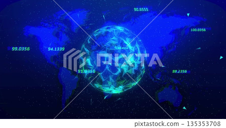 Floating low-poly network sphere hovering over world map, with streaming lines and numeric labels Floating low-poly network sphere hovering over world map, with streaming lines and numeric labels 135353708