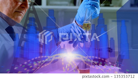 Senior researcher transferring yellow liquid into test tube rack with pipette in lab, copy space 135353712