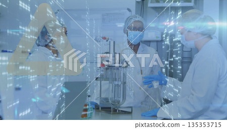 Examining bioreactor three female scientists reviewing data in lab with test tubes, control panel Examining bioreactor three female scientists reviewing data in lab with test tubes, control panel 135353715
