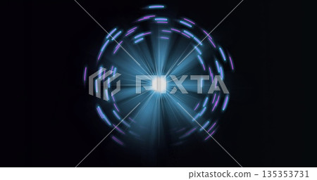 Light orb emitting radial beams and revolving in digital interface, neon blue and purple rings 135353731