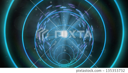 Swirling digital tunnel of cyan rings toward central bright light, neon segments, particle effects Swirling digital tunnel of cyan rings toward central bright light, neon segments, particle effects 135353732