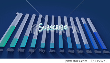 Displaying 3D bar chart showing labeled bars on navy backdrop with floating Subscribe text Displaying 3D bar chart showing labeled bars on navy backdrop with floating Subscribe text 135353749