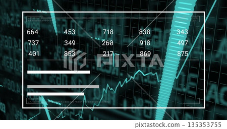 Showing outlined panel displaying digit grid, turquoise bar, progress bars, line graph on dark grid Showing outlined panel displaying digit grid, turquoise bar, progress bars, line graph on dark grid 135353755