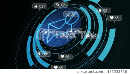 Glowing holographic envelope icon displaying notification badges on dashboard, with social icons 135353756