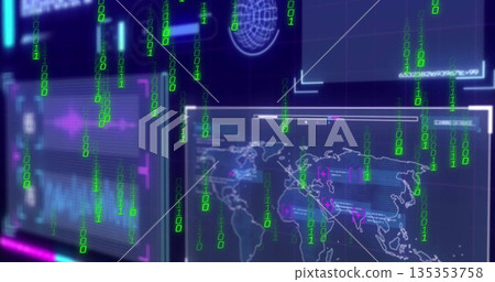 Displaying interface in cyberspace showing holographic world map overlays and cascading binary code Displaying interface in cyberspace showing holographic world map overlays and cascading binary code 135353758