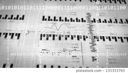 Displaying bar and line charts updating on digital dashboard, with binary code and phase symbols 135353765